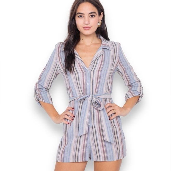 Mustard Seed - Lilac Taupe Multi Stripe Short Romper Size S - Picture 1 of 10